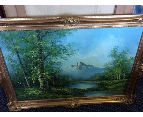 Seven large mixed pictures including an oil on canvas of a tree lined river, a snow capped mountain, print of street scene et