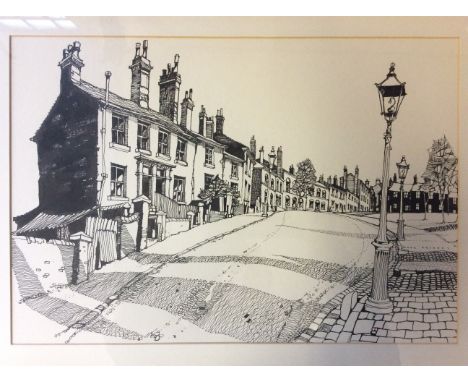 JAMES PRIDDEY R.B.S.A., F.R.S.A. (1916 - 1980) Framed, signed, pen and ink on paper, terraced houses in street scene with lam