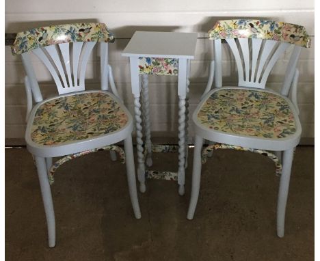 2 bentwood kitchen chairs together with a barley twist plant stand. Painted and decorated with birds and flowers. Shabby chic