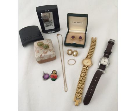 A small quantity of jewellery items, watches and Zippo lighter. To include 9ct gold box chain, earrings set with amethyst and