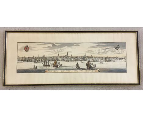An antique coloured print of 16th century Amsterdam. Framed & glazed. Approx. 33 x 83cm.