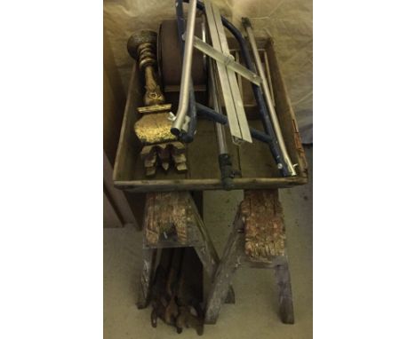 A quantity of misc items, vintage tools and gardening items. To include wooden trestles, wooden candlestick and Smiths clock.