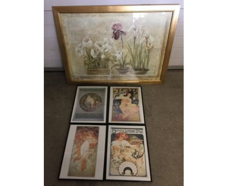 Set of 4 Art Nouveau design framed & glazed prints, together with a modern f & g print of flowers. Art Nouveau prints are of 