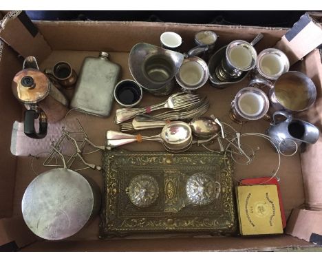 A box of mixed of metalware. To include Mappin and Webb spoons, a brass double inkwell with ceramic inkwell liners and an ori