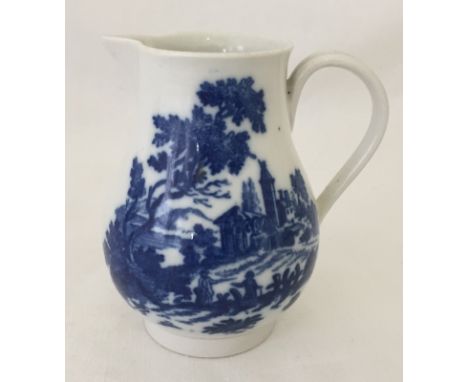 An 18th century Worcester blue & white porcelain sparrow beak jug "European Scene". Circa 1780. Approx. 9cm tall.
