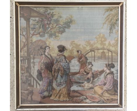 A vintage tapestry of Japanese ladies by a river. Framed & glazed. 47cm²
