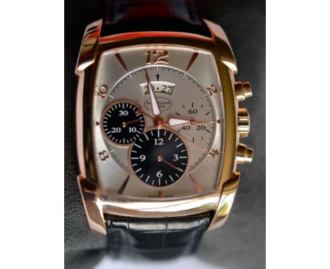 Features date indication, Hours, Minutes, Small second at 3 O'clock, 1/4 sec chronograph - large second, 30 min & 12 h counte