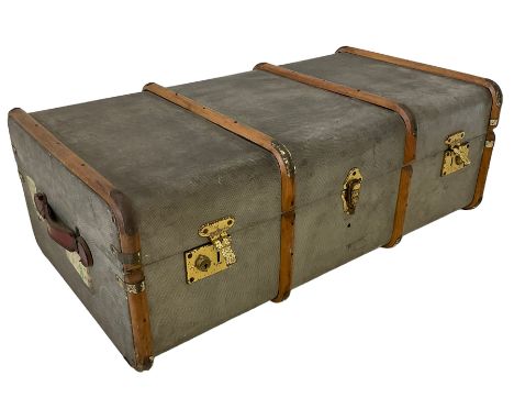 20th century wooden bound trunk Dimensions: Height:&nbsp;32cm&nbsp; Length/Width:&nbsp;90cm&nbsp; Depth/Diameter:&nbsp;52cm