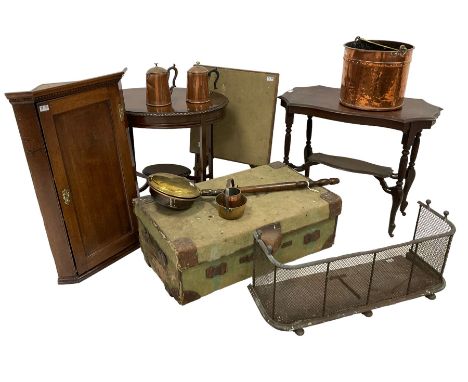Early 20th century travelling trunk; copper coal bucket bed-pan and teapots; Georgian design corner cupboard; two side tables