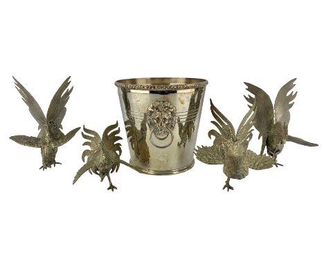 Four vintage silver plated cockerels and a silver-plated ice bucket 