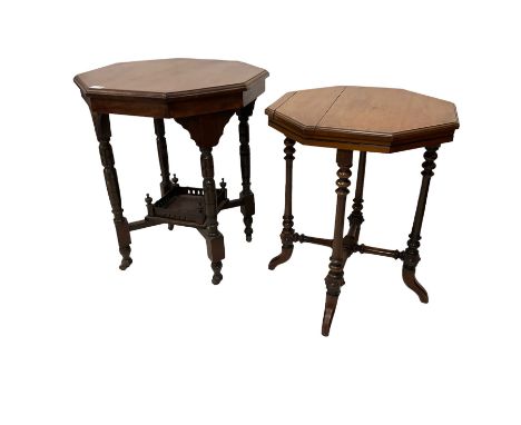 Late 19th century walnut and mahogany octagonal occasional table, raised on ring turned supports united by X-stretcher and un