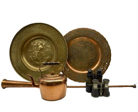 19th century copper kettle, 19th century wrought iron and brass trivet, vintage copper and brass coaching horn engraved GIIIR