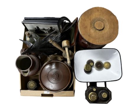 Set of cast iron shop scales, various stoneware pots, leather gilt tooled picture frame, suitcase, hub cap, garden cockerel f