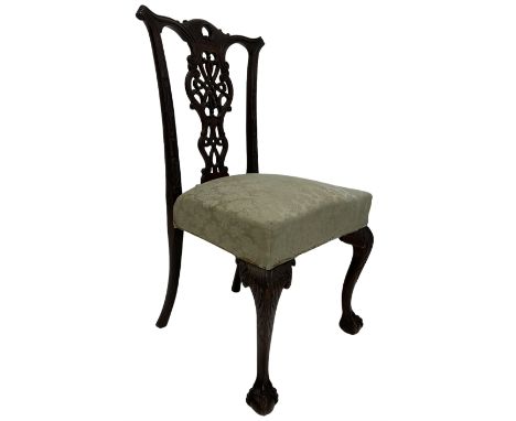 Chippendale design mahogany dining chair, the scrolled cresting rail over pierced splat over seat, raised on ball and claw su