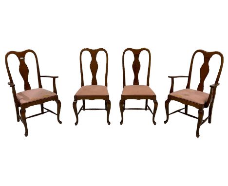 Set four (2+2) stained beech dining chairs, shaped cresting rail over vase shaped splat, on cabriole supports