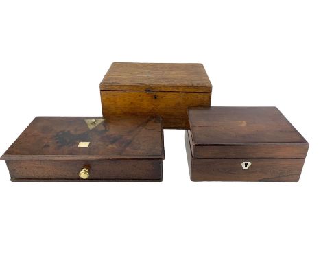 Victorian rosewood sewing box, oak storage box and a mahogany box, originally housing travelling scales (3)