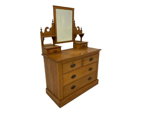 Edwardian satin walnut dressing chest, rectangular swing mirror with bevelled plate flanked by two small mirrors over trinket