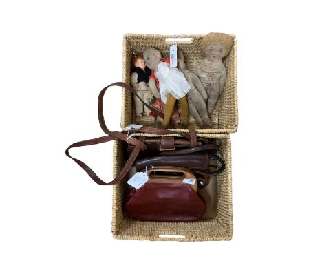Three vintage handbags including Etienne, Chesneau and The Bridge, two straw filled cloth dolls and other dolls, with two wic