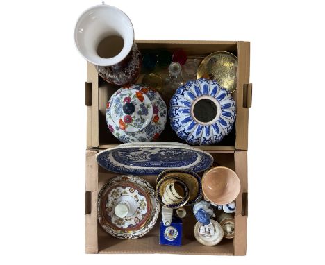 19th century Staffordshire coffee cans and saucers, crestware and other ceramics together with drip glaze vase, blue and whit