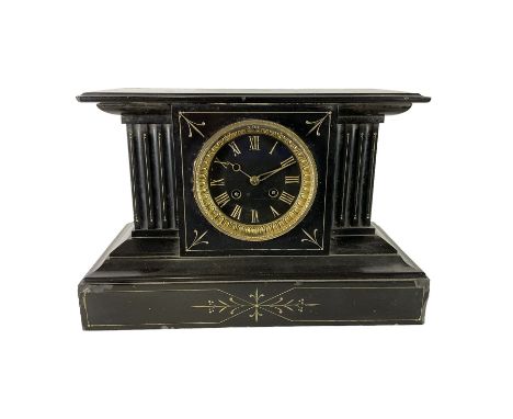 French - 19th century 8-day slate mantle clock. No pendulum.Dimensions: Height:&nbsp;24cm&nbsp; Length/Width:&nbsp;34cm&nbsp;