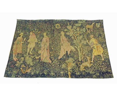 Belgian tapestry of a medieval scene with figures, animals and foliage, 37" x 56"