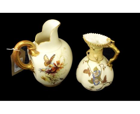 Royal Worcester blush ivory squat porcelain jug, decorated with insects and flowers, monogrammed ER (Edward Raby), printed fa