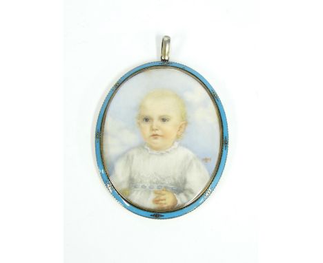 Early 20th Century School - bust portrait of a baby, monogrammed DE and dated 1902, work on ivory, within a silver and blue e