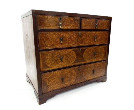 Georgian walnut marquetry chest of drawers, the crossbanded top inlaid with lobed and circular panels over foliate inlaid dra