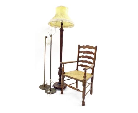 Mahogany reeded column standard lamp with shade; together with a pair of standard lamps (one at fault) and a ladder back rush
