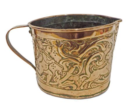 Polished copper grain measure embossed with a hunting scene with rabbits, deer and scrolled foliage, with handle and spout, 6