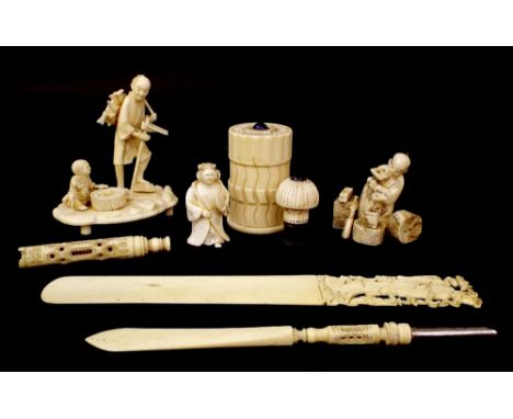 Mixed collection of ivory to include okimono of a father and son, netsuke of a robed female attendant, okimono of a carpenter