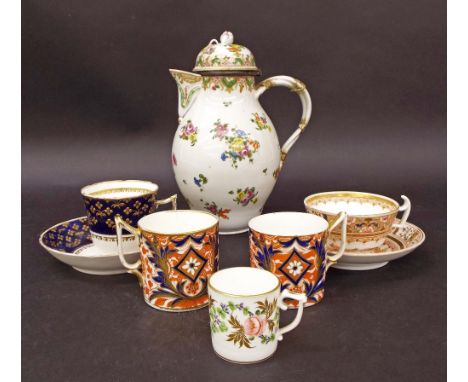 Assorted antique porcelain to include two Spode cups and saucers, three Crown Derby cans and a porcelain lidded baluster jug 