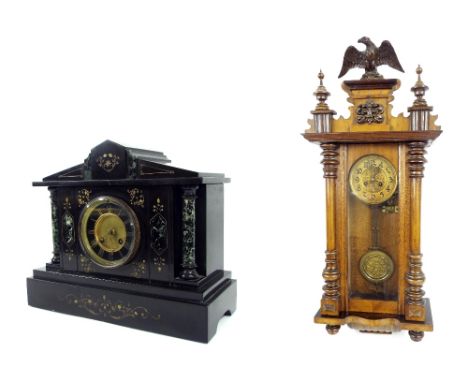 Edwardian black slate two train mantel clock in an architectural case, 12" high; together with a German oak two train Vienna 