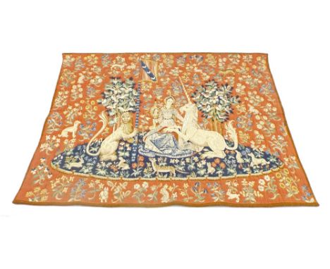 Good wall hanging tapestry of a seated regal lady with a unicorn and lion by her side surrounded by various floral sprays and