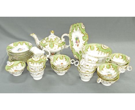 English 19th century porcelain tea service, decorated with floral sprays amidst green and gold borders comprising a teapot, m