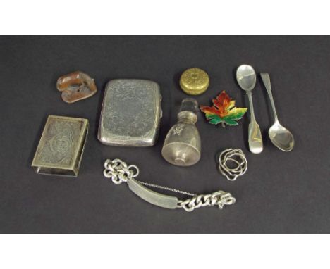 Assorted mixed silver and other items to include a cigarette case, matchbox holder, two teaspoons, identity bracelet, decante