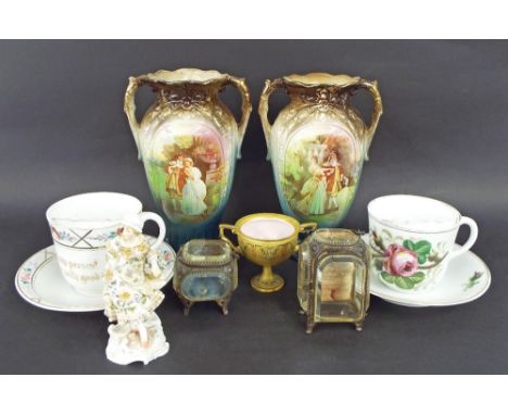 Royal Worcester gilded porcelain twin-handled cup with pink interior, 3" high; two moustache cups and saucers, Continental po