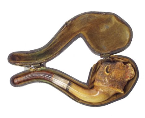 Antique Meerschaum pipe in the form of a pug, within a leather case, 7.5" long