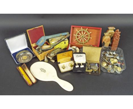 Box of interesting items to include ivory sewing tools, Chinese soapstone items, various buttons and metalware