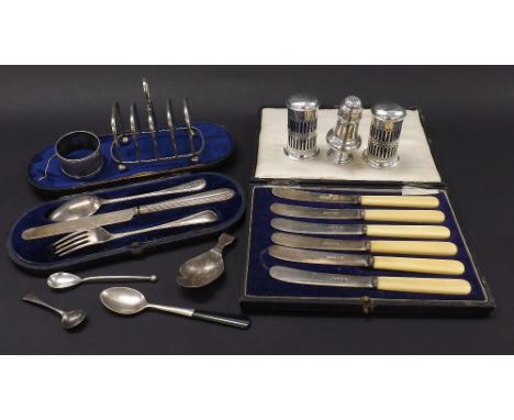 Mixed lot of silver to include cased Christening knife, fork and spoon set, cased bone handled fruit knives, toast rack, pair