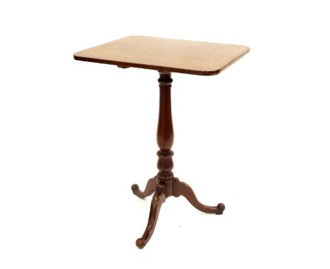 19th century mahogany tilt-top tripod table, with a rectangular top upon a  baluster column and scrolled legs, 29" high, 22" 