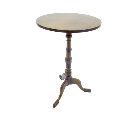 19th century mahogany tripod wine table, the circular top upon a ring turned column upon three splayed legs, 28.25" high, 17.