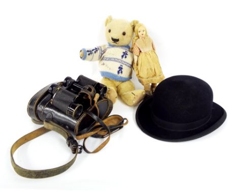 Pair of Busch cased binoculars, bowler hat, Chad Valley teddy bear and Dutch doll in clogs and an early 20th century sketch a