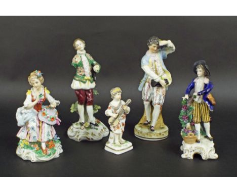 Collection of five Continental porcelain figures to include standing boy in a robe playing a lute, 4.5" high, Ernst Bohne fig