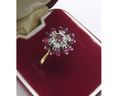 18ct yellow gold ruby and diamond cluster ring, cluster 12mm, ring size K, boxed