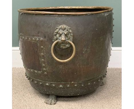 LARGE ANTIQUE COPPER LOG BIN with lion mask ring handles, on claw feet, 52 (h) x 57cms diameterProvenance: private collection