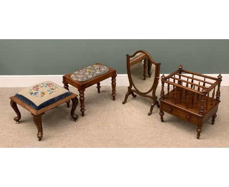 FURNITURE ASSORTMENT to include tapestry topped stool, Canterbury, shield swing mirror etc.Provenance: private collection Fli