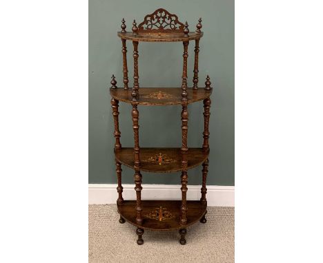 VICTORIAN STYLE MAHOGANY FOUR-SHELF WHATNOT, halfmoon with fretwork railback and turned supports, 129 (h) x 61 (w) x 29cms (d