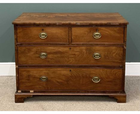 GEORGIAN WALNUT CHEST, two short over two long drawers with brass backplate swing handles and on bracket feet, 81 (h) x 110 (