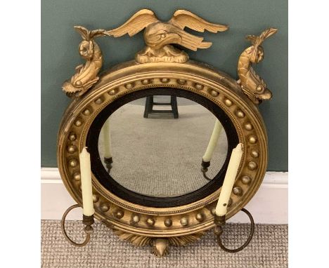 GEORGIAN TYPE GILT FRAMED BOBBLE MIRROR with eagle finial and candle holders, 67 x 46cmsProvenance: private collection Flints